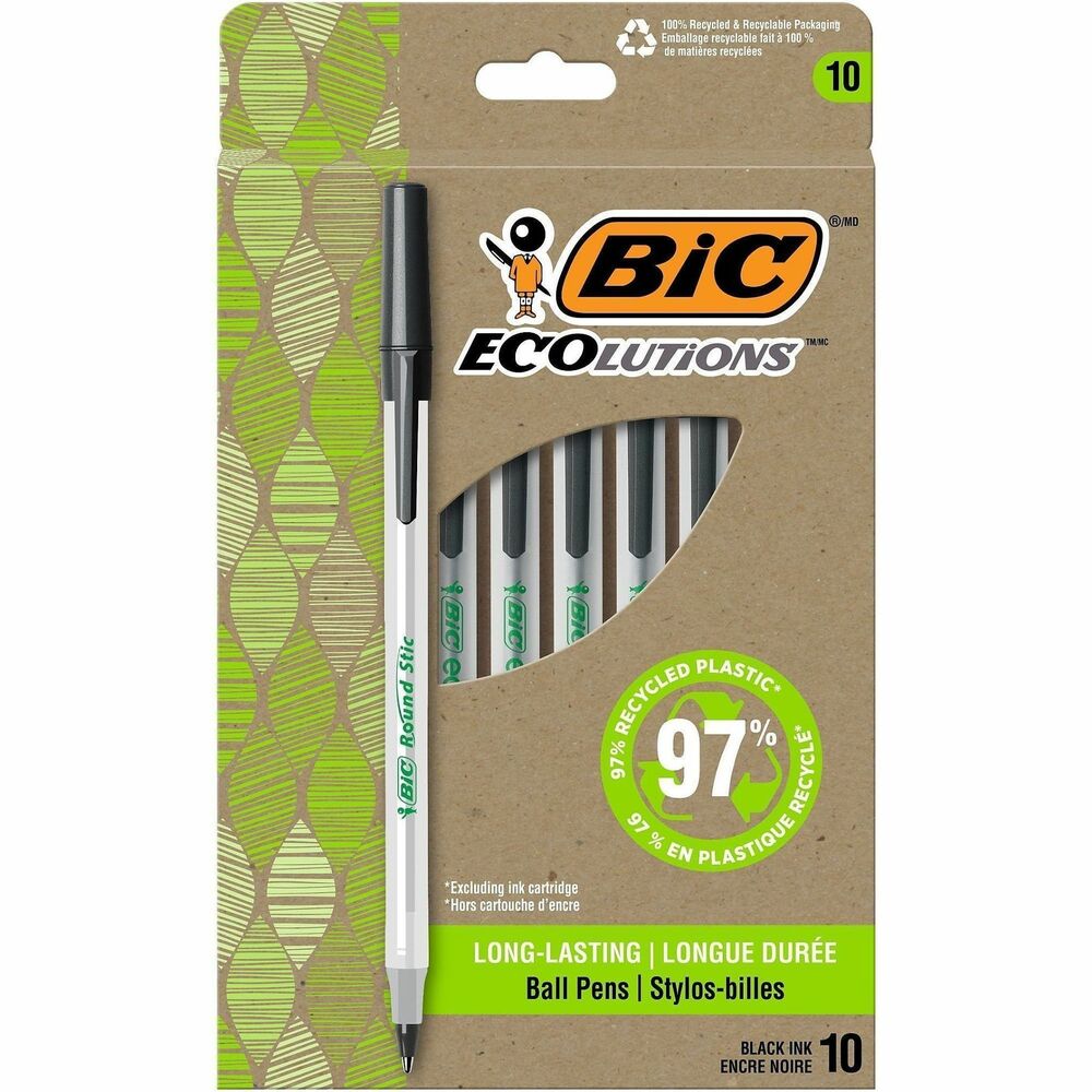 BICGSME10BK - Help write our planet's future with the long-lasting, BIC Ecolutions Round Stic Ballpoint Pens. This ballpoint pen is not only made from 97 percent recycled plastic excluding ink cartridge, but the paperboard used in the packaging is made up of 100 percent recycled content and is also recyclable. With a medium 1.0mm ballpoint, it's the perfect BIC pen for everyday writing. Smooth writing ink system delivers hours of effortless writing. Classic, slender, semi-clear barrel acts as a handy window when checking pen ink levels. Pens are suitable for righties and lefties as the ink dries quickly to prevent smearing. Use the convenient clip to hook the ink pen onto your pocket or notebook. Pick up BIC Ecolutions Round Stic Ballpoint Pen for a high-quality writing utensil you can trust.