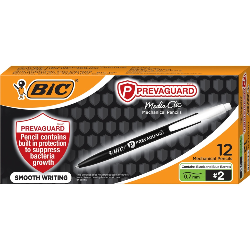 BICMPCMA11 - PrevaGuard Mechanical Pencil contains built-in protection on the pencil to suppress bacteria growth. EPA-registered antimicrobial agent is molded directly into the pencil. This helps protect the pencil by suppressing the growth of bacteria, molds, mildew and fungi, especially in high-moisture environments. Lasting for the life of the plastic barrel, it also enhances pencil's freshness, fights undesired odors, staining and pencil degradation. Smooth-writing lead is perfect for notes, homework, standardized tests and your daily crossword puzzle. Easy-to-use design provides new lead with a single click. Each pencil includes three 0.7mm, No. 2 graphic leads.
