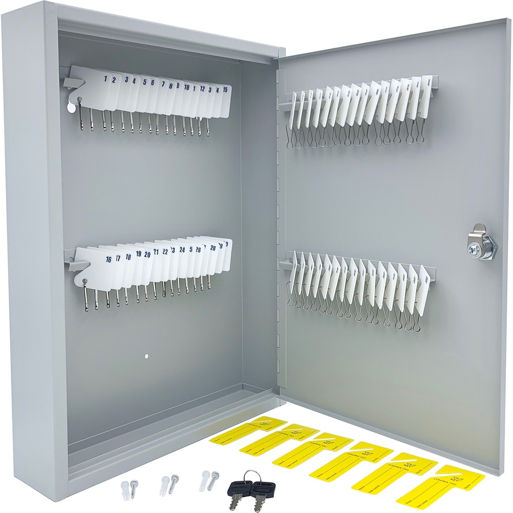 HURHASZ0128 - Use this Heavy-duty Key Cabinet to track, secure and store keys. It locks and includes two keys on a split key ring to open the lock to manage access to the key collection. Cabinet is made of heavy-duty steel for long-lasting durability. It includes 60 built-in slots to hang keys and comes with 60 numbered key tags for easy identification as well as three "out key" tags to track who is using the missing keys. Cabinet also comes with mounting hardware that includes three screws and three wall anchors.
