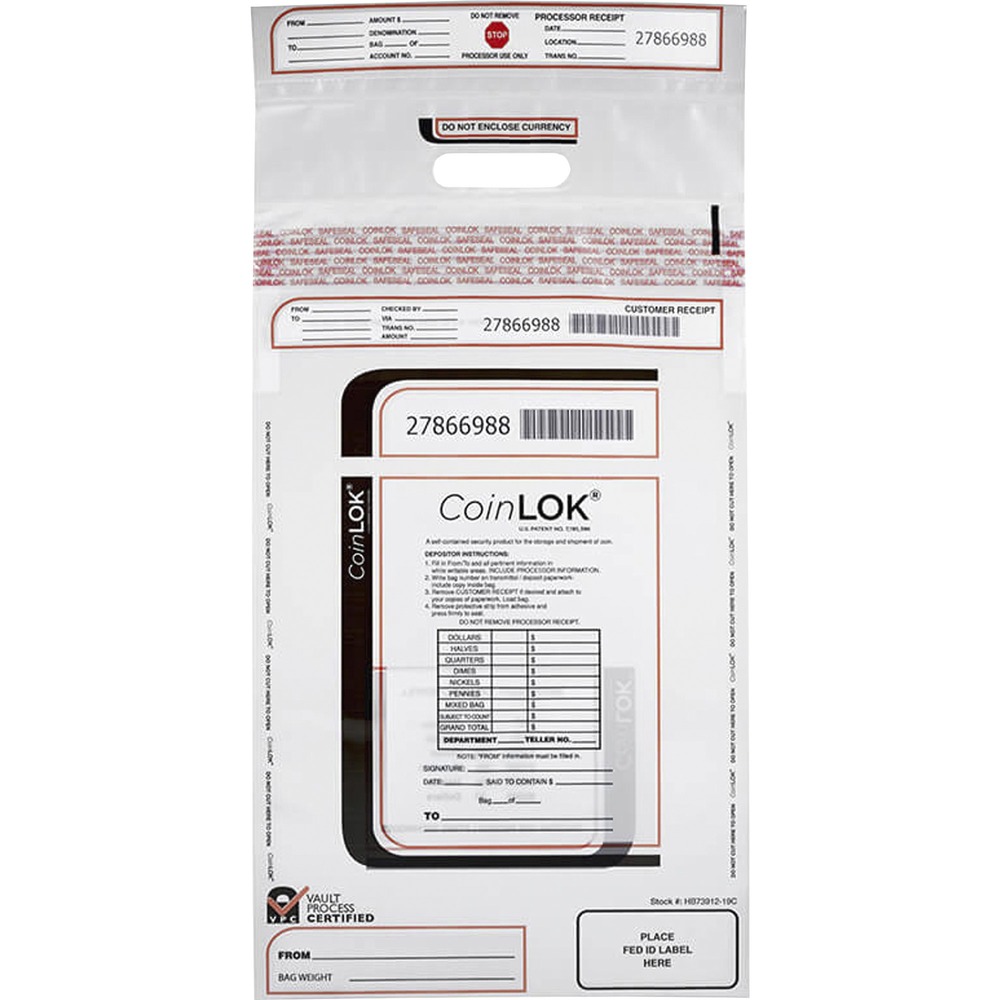 CNK585407 - Used every day by major armored couriers and banks, CoinLOK Plastic Coin Bags provide the convenience of a single-use bag while matching the strength of many reusable bags. CoinLOK fits all major coin counters and sorters, improving efficiency and security of your coin processing. Exceptionally strong bag meets VPC (Vault Process Certification) standards for security and performance. Tamper-resistant closure with ultra-strong adhesive provides security in transit. Reinforced, die-cut handle with triple-ply film withstands 100 lb. stretch test. Low-slip surface allows easy stacking. Bag includes federal-required labeling and writing areas, a serial number and tear-off receipt. High-visibility, federal-compliant bar codes allow easy scanning. Large serial numbers allow easy tracking via CCTV.