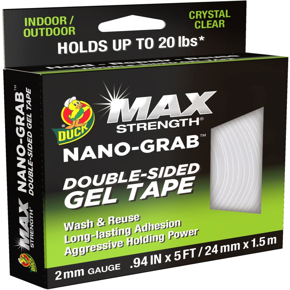 DUC287264 - Max Strength Nano Grab Gel Tape is perfect for temporary and permanent projects at home and in the office. Easy to use and remove, this clear, double-sided gel tape features durable construction with micro sphere adhesive particles that ensure long-lasting adhesion and extreme holding power. It holds up to 20 lb. per 5' roll and can be used on a variety of surfaces, including painted drywall, wood, glass, tile, metal, stone and brick, indoors and out. Versatile gel tape offers a quick, easy way to add decor to a space or repair items without leaving behind a sticky residue. Plus, it's reusable. Simply remove the tape from the surface and wash with warm, soapy water to use it again and again.