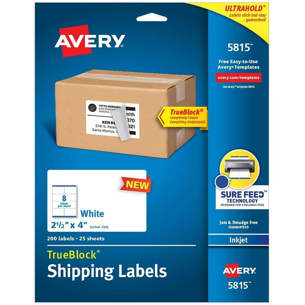 AVE5815 - Create professional-looking labels quickly using Shipping Labels with TrueBlock Technology. Labels with TrueBlock completely cover everything underneath so you can reuse mailing tubes, boxes and more. Bright-white labels have permanent adhesive and are jam-free and smudge-free. They are perfect for creating professional-looking mailings, shipping, bar coding and organizing. Labels are designed for use in inkjet printers. Avery offers many easy-to-use templates for Microsoft Word and other popular software programs. Each sheet contains eight labels (2-1/2" x 4").