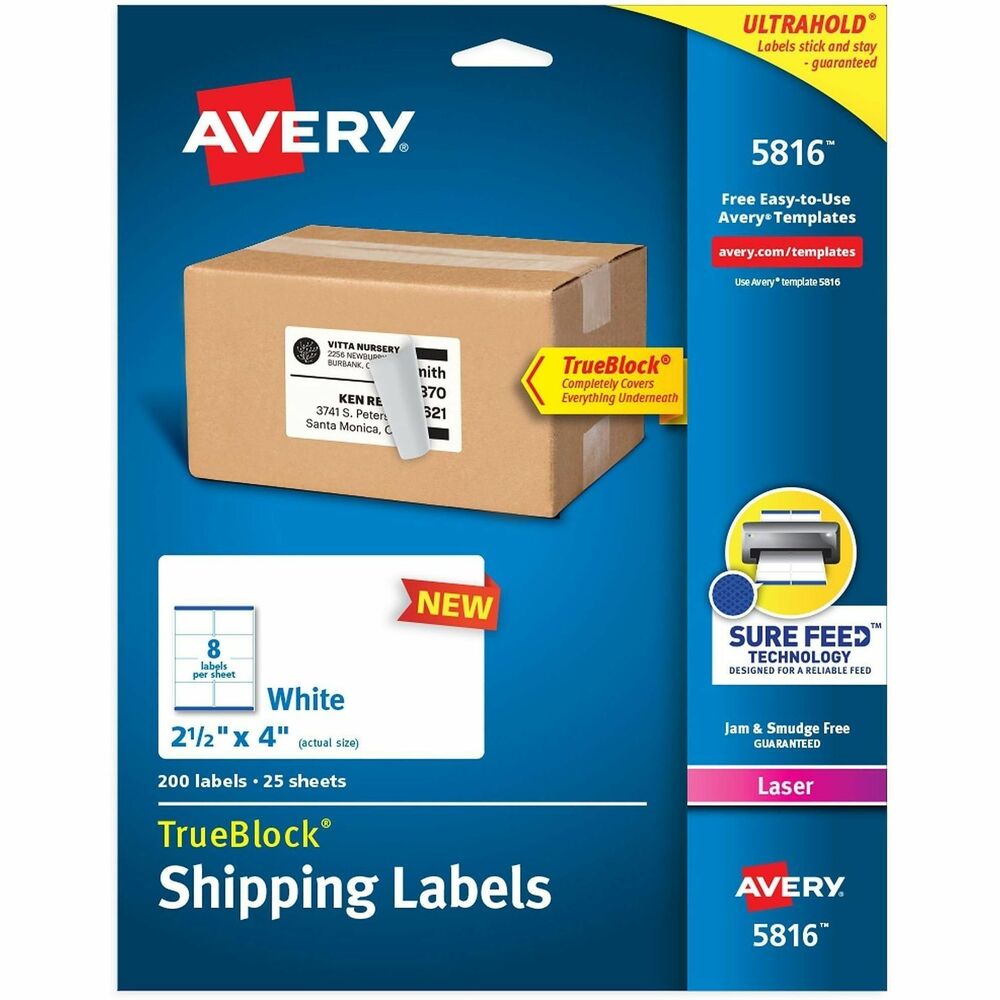 AVE5816 - Create professional-looking labels quickly using Shipping Labels with TrueBlock Technology. Labels with TrueBlock completely cover everything underneath so you can reuse mailing tubes, boxes and more. Bright-white labels have permanent adhesive and are jam-free and smudge-free. They are perfect for creating professional-looking mailings, shipping, bar coding and organizing. Labels are designed for use in laser printers. Avery offers many easy-to-use templates for Microsoft Word and other popular software programs. Each sheet contains eight labels (2-1/2" x 4").