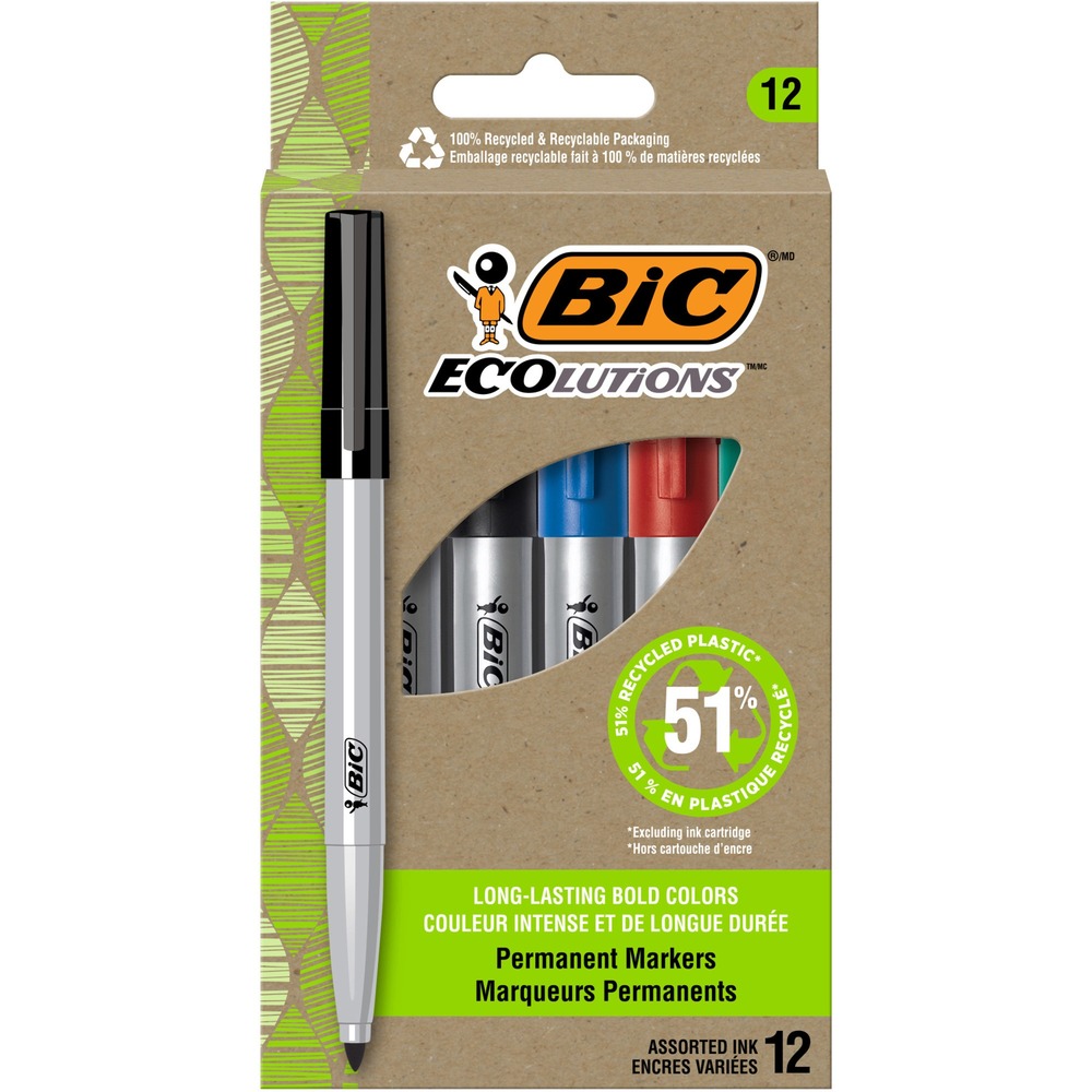 BICPMER12AST - Long-lasting, ReVolution Permanent Markers feature sleek gray barrels made from recycled plastic. Paperboard used in this packaging is also made of recycled content. Ink in bold blue, green, black and red ink is perfect for any and all projects. It's fine, precision bullet nib is great for creating vivid marks on glass, metal, photos, plastic and much more. These markers won't dry out for 2 weeks if they're left uncapped. Reduce your environmental impact and get quality permanent markers you can trust. This product conforms to ASTM D-4236 on labeling art supplies.