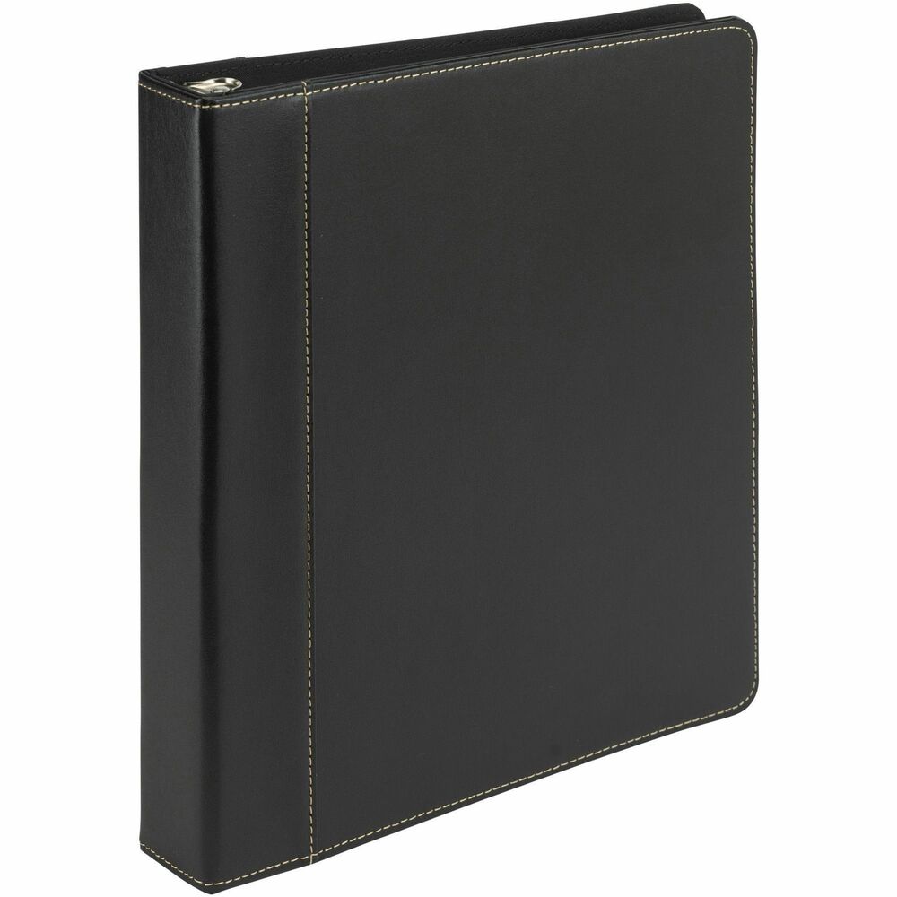 SAM15710 - Contrast Stitch Leather Ring Binder uses beautifully crafted, bonded leather that brings about the look and feel of rich, black genuine leather. This leather portfolio binder is highly durable, stylish and versatile. Black leather-grain exterior is complemented with cream sewn accents for an extra touch of class. Binder also includes a saddle-stitched spine and concealed-rivet ring construction. These 1" capacity, round rings hold up to 200 sheets. Two interior pockets store and organize your important documents. Premium organizer binder is a popular choice among corporate executives, investment advisers, real estate professionals and anyone who is working with a high-value clientele.