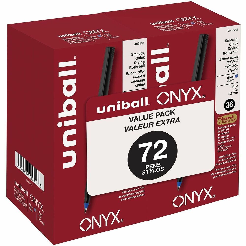 UBC2013568 - Stock your office, home or classroom with Onyx Rollerball Stick Pens that deliver the silky-smooth glide of a fountain pen without smudging for effortless writing. Fine point (0.7mm) pens provide crisp lines with unparallel definition, creating fine details perfect for drawings and diagrams. Capped pens are useful for taking notes, making lists, signing checks and legal documents and embellishing projects. Experience effortless writing with cushion tip technology and free-flowing ink. Innovative, uni Super Ink technology ensures ink adheres to paper, offering protection from fraud, water and fading. Environmentally conscious, sleek design is made with recycled material.