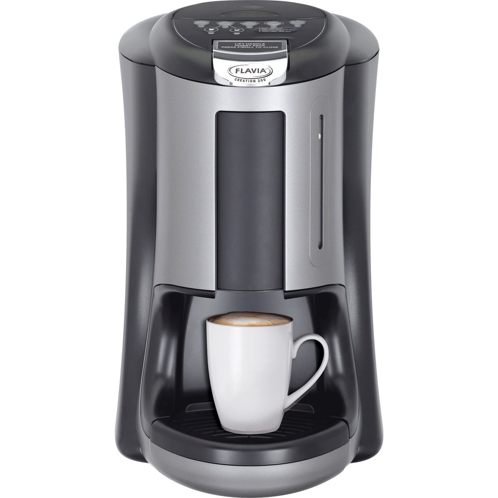 LAV18000560 - Flavia Creation 200 is designed especially with the needs of medium-size offices and collaborative areas in mind. It's perfect for 15 to 49 employees. Cutting-edge design, easy-to-use interface and fresh, quality drinks make it your perfect partner at work. The quick, easy-to-use technology delivers single-serve drinks directly from Freshpack to your cup in 40 to 60 seconds. Choose from a variety of single-serve drinks including freshly ground coffees, real-leaf and herbal teas and premium hot chocolate. Innovative technology enables you to brew authentic frothy cappuccinos, lattes and mochas so you can enjoy coffee shop specialties right in your office. Internal water filter brews the delicious drinks. Easy-fill water tank holds up to 0.73 gallons. Design also includes a removable drip tray.