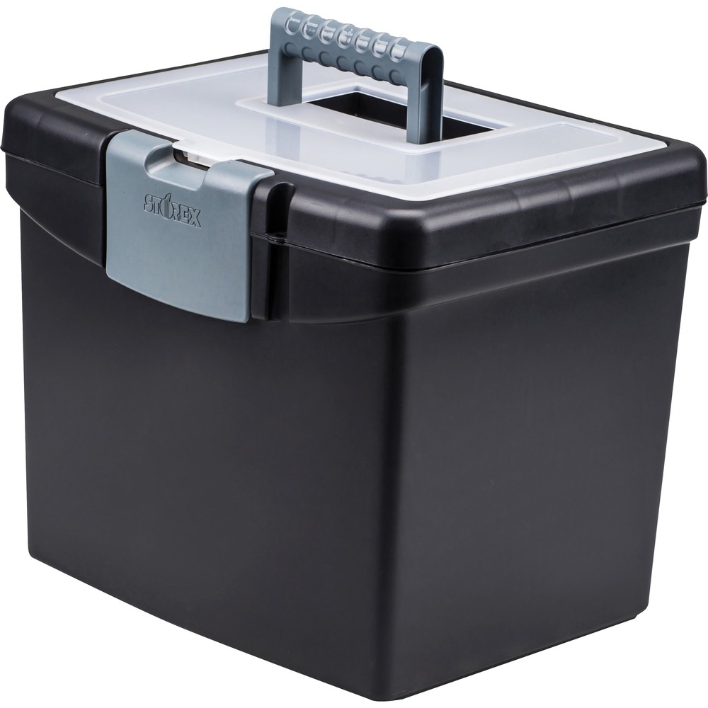 STX61504U01C - Portable File Box with XL Lid holds letter-size, hanging folders and files. A large, clear storage compartment in the lid holds other supplies. Carry handle folds flat so multiple boxes can be stacked. Clamping latch shuts the lid safely. To secure your files, lock this file box with your padlock (not included).