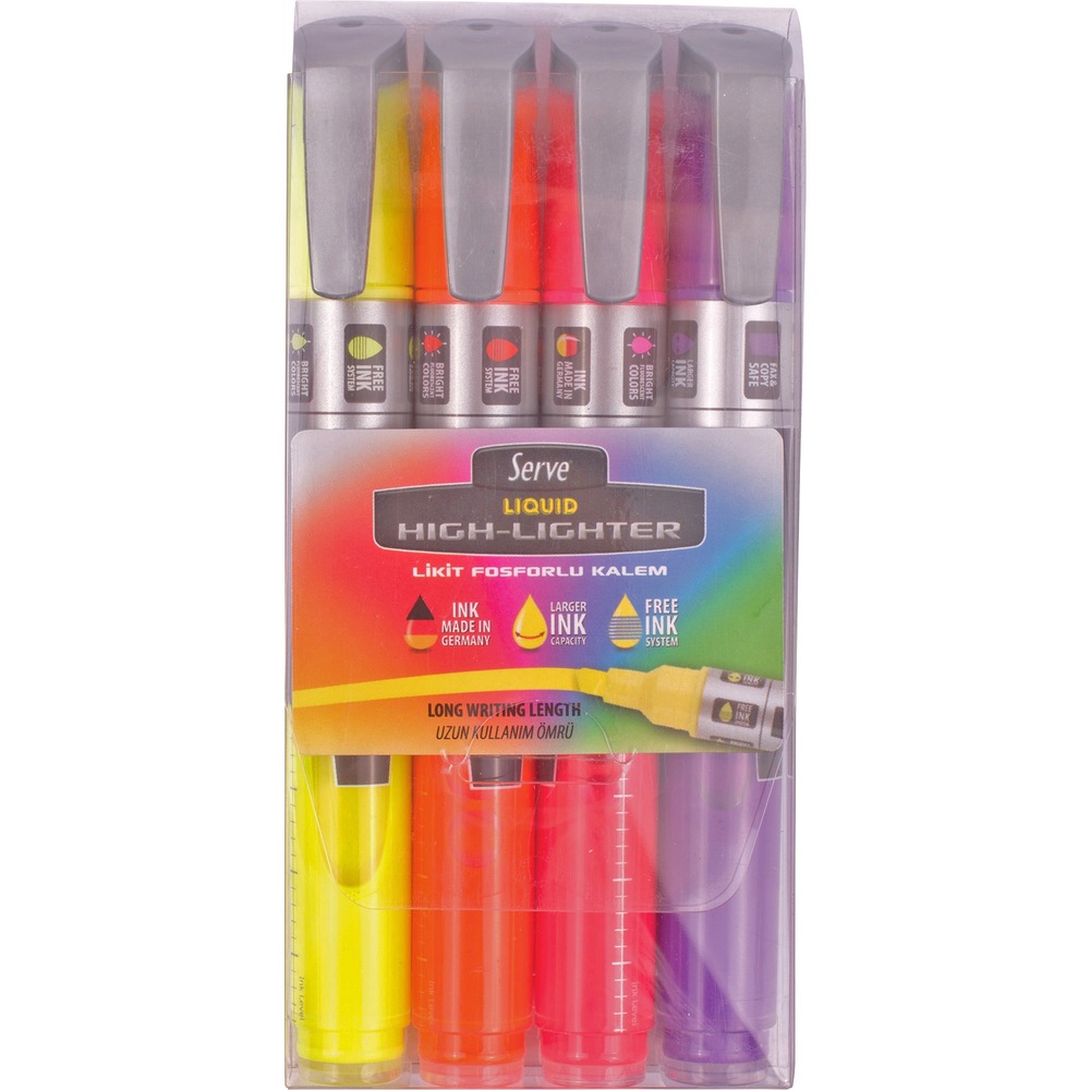 SRVLKTFB4KRPA - Serve Jumbo Liquid Highlighters in this convenient storage pack highlight the most important things in vibrant, fluorescent ink color. High-quality, water-based pigment ink is fade-proof for dependable use. It is fax-safe and copy-safe. Larger ink supply means this chisel-tip highlighter provides a longer lifetime compared to standard highlighters. Free ink system in the large, transparent reservoir shows amount of ink remaining in the barrel. Highlighter won't leak under pressure.