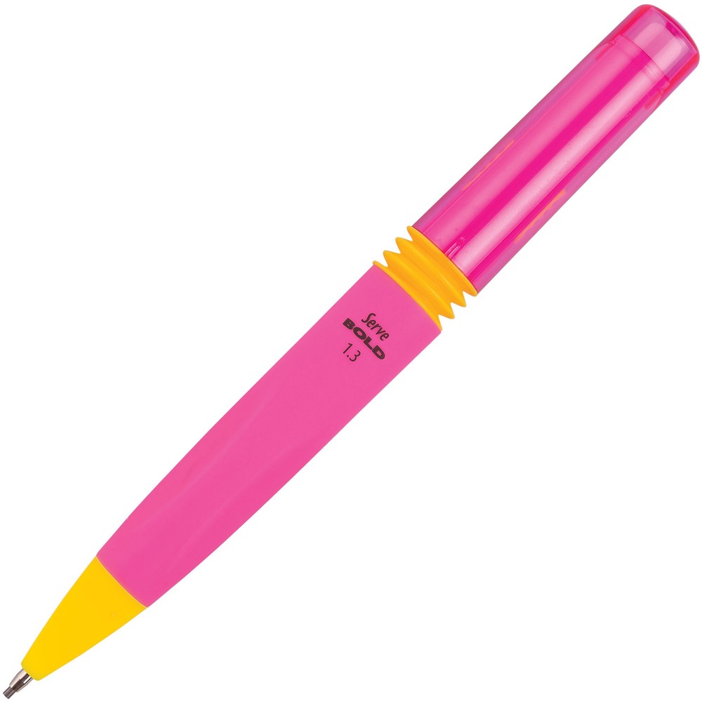 SRVBD13K12P - Serve Bold Mechanical Pencil in a Fluo color offers a different look and feel than traditional mechanical pencils. It is safe use with a retractable and strong metal tip. Write with a 1.3mm lead for thicker lines in black. Ergonomic, dual-injection barrel features a thick design and durable, colorful plastic body with soft-touch cover for a soft grip. High-quality, jumbo eraser slides up for easy access.