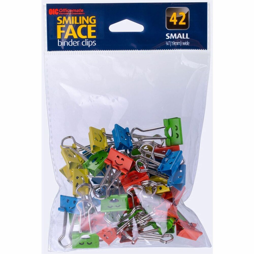 OIC31090 - Brighten up your desk with these colorful fun clips. Four different smiling face designs in assorted colors: Red, Green, Blue, and Yellow. Re-sealable bag with 42 small clips. More from the Manufacturer