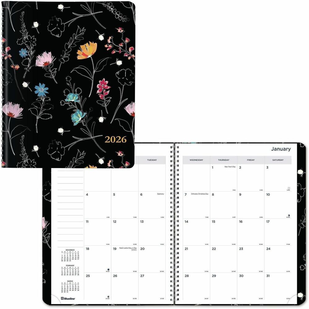 REDC701G01 - Add fabulous flair to planning with the Essential Weekly/Monthly Planner in striking Dramatic Floral design. Dated planning pages range 14 months from December to January. Two-page-per-week spreads include ruled daily entries from Monday to Sunday, numbered weeks, count of days/days remaining, holidays, moon phases, notes area and current and future months. Two-page-per-month spreads offer daily blocks from Sunday to Saturday. Tear-off corners help keep your place and faux printed monthly tabs for quick access on page edges. Flexible twin-wire binding and soft printed cover allow planner to fold back for a flat and sturdy writing surface. Extra bonus pages include quarterly planners for three years, dedicated contacts (phone/address/email) and notes sections. Eco-conscious planner is crafted from 100 percent post-consumer recycled fiber paper material.