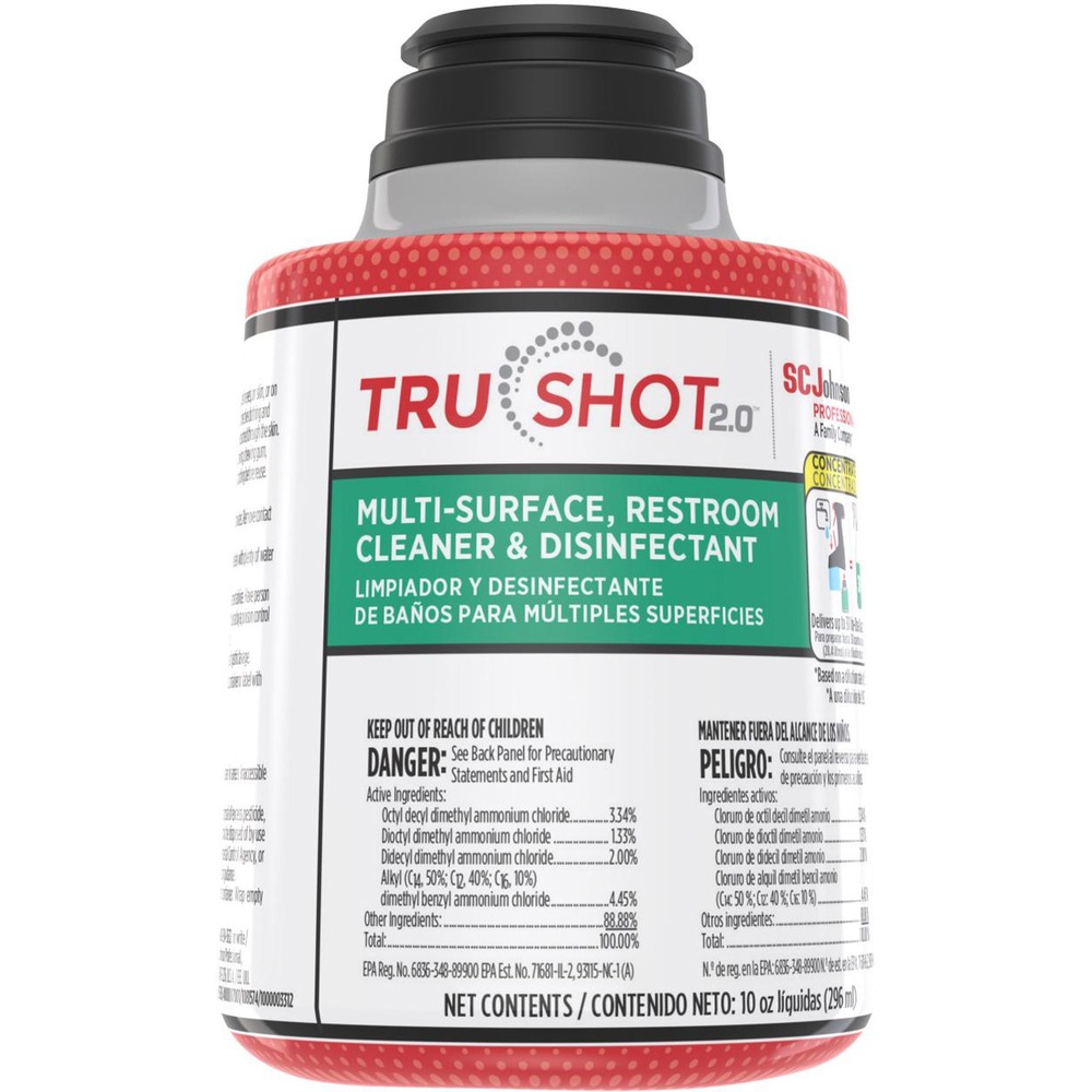 SJN315385 - Part of the TruShot 2.0 Mobile Dispensing System, TruShot 2.0 Multi-Surface, Restroom Cleaner and Disinfectant kills microorganisms and inhibits the growth of mold and mildew on hard, nonporous surfaces. One-step disinfectant is effective against a broad spectrum of bacteria, viruses and fungi with a one-minute contact time for HIV-1; Influenza Type A/H3N2; and SARS-Related Coronavirus 2, the cause of COVID-19. It sanitizes 99.9 percent of bacteria in 15 seconds. Concentrated disinfectant is on the EPA's List N: Disinfectants for Use Against SARS-CoV-2 (COVID-19). Portable, no-spill cartridge provides worry-free dilution delivery of up to 28 in-use quarts. Use only with the TruShot 2.0 trigger dispenser item 311981 (not included). Snap cartridge directly into the trigger dispenser. Easy-to-use system with a fully intuitive design requires no mixing. Dispenser's onboard, 10 oz. water reservoir easily fills at any water source, reducing re-supply trips.