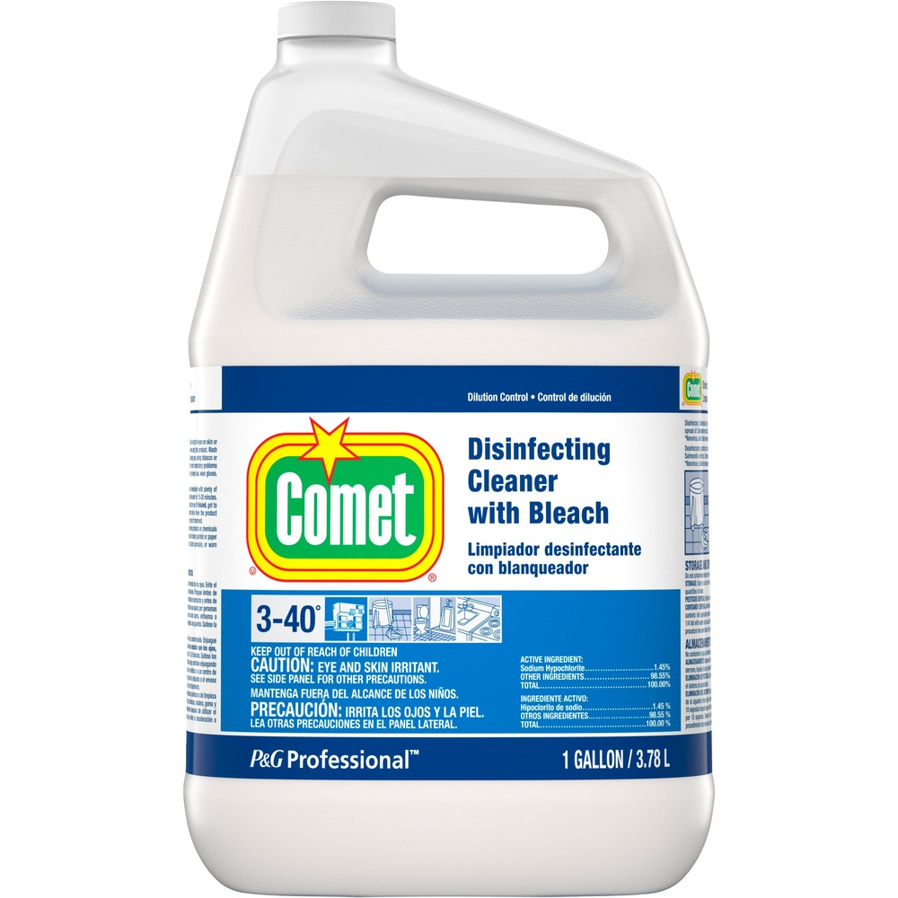 PPL30250 - Disinfecting Cleaner With Bleach is a two-in-one, all-purpose cleaner formula that combines the cleaning power of heavy-duty detergents with the stain-removal power of bleach. It qualifies as a hospital-use disinfectant when used per label instructions. Comet Disinfecting Cleaner with Bleach is effective as a disinfectant in 60 seconds against Hepatitis A and C, Norovirus and 39 other microorganisms. It contains no abrasives and uses remarkable cleaning technologies that may be used to clean customer and employee restrooms, tracked-in dirt and scuffmarks, kitchen-area stains, plastic trash containers, greasy equipment containers and other surfaces. This gallon container requires Procter and Gamble Professional dilution equipment.
