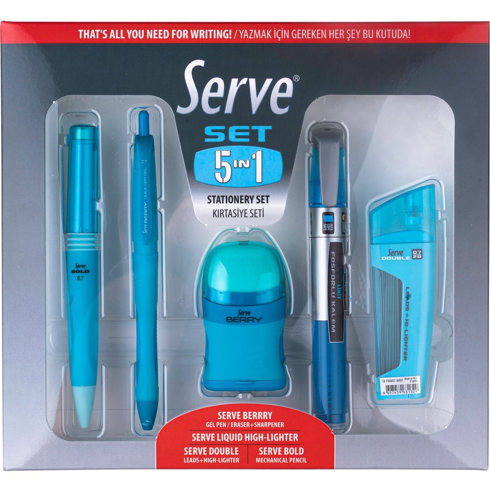 SRV5IN1SET07FM - Serve 5 in 1 Combination Stationery Set offers a convenient solution for working on-the-go. It supplies the essentials for writing, erasing and highlighting. Set includes double 0.7mm lead and eraser combo; bold 0.7mm mechanical pencil; Berry Quick Dry Gel Pen; Ring Eraser with built-in sharpener and liquid ink highlighter.