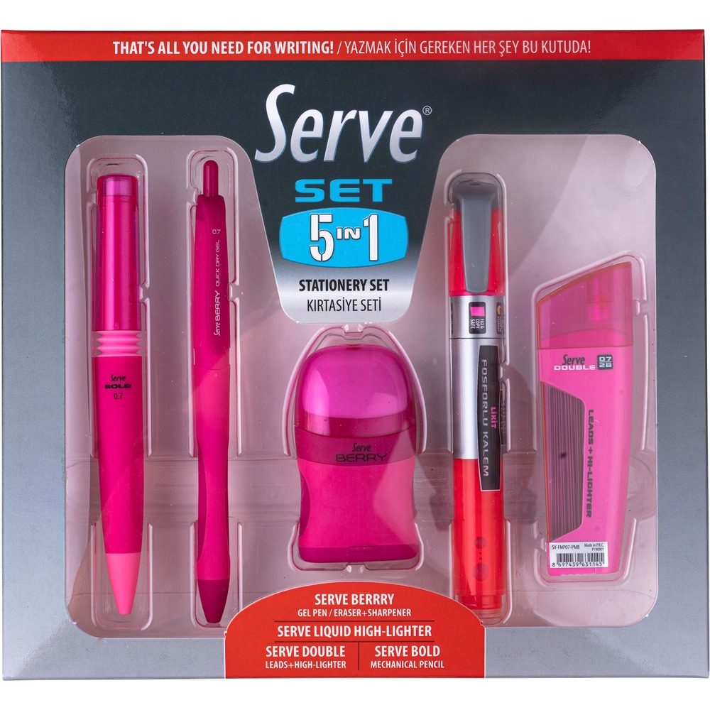 SRV5IN1SET07FP - Serve 5 in 1 Combination Stationery Set offers a convenient solution for working on-the-go. It supplies the essentials for writing, erasing and highlighting. Set includes double 0.7mm lead and eraser combo; bold 0.7mm mechanical pencil; Berry Quick Dry Gel Pen; Ring Eraser with built-in sharpener and liquid ink highlighter.