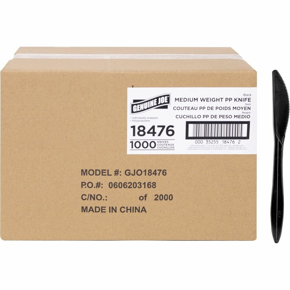 GJO18476 - Medium-weight knives provide a satisfying dining experience for your guests, customers and employees. Knives come individually wrapped for more sanitary distribution. Disposable design allows quick, easy cleanup after use. Polypropylene cutlery is perfect for office parties, breakroom use, take-out meals, catering and more. More from the Manufacturer