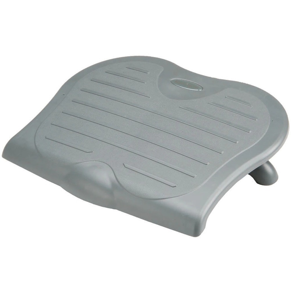 NSN5909070 - SoleSaver ergonomic footrest easily adjusts for optimum relief of foot and back fatigue. Adjustability includes a 30-degree tilt massage surface; three angle tilt settings (10 degrees, 20 degrees and 30 degrees); and three height settings from 2-1/2" high to 4-1/2" high. Ergonomic, adjustable footrest also reduces leg pressure and helps improve circulation and posture. Large, scratch-resistant, plastic platform has a nonslip design for enhanced stability and measures 18" x 14". Design also includes rubber feet.