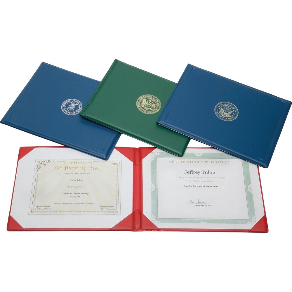 NSN1153250 - Vinyl presentation binder for award certificates displays a silver USAF seal embossed on the center front cover. Inside corner pockets and transparent protective sheets hold a certificate on each side of the front and back cover. With 25 percent recycled content, the binder meets Executive Orders 13514 and 13423.