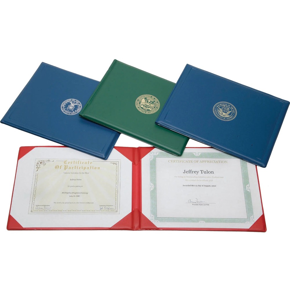 NSN7557077 - Vinyl presentation binder for award certificates displays a gold, U.S. Army seal embossed on the center front cover. Inside corner pockets and transparent protective sheets hold a certificate on each side of the front and back cover. With 25 percent recycled content, the binder meets Executive Orders 13514 and 13423.