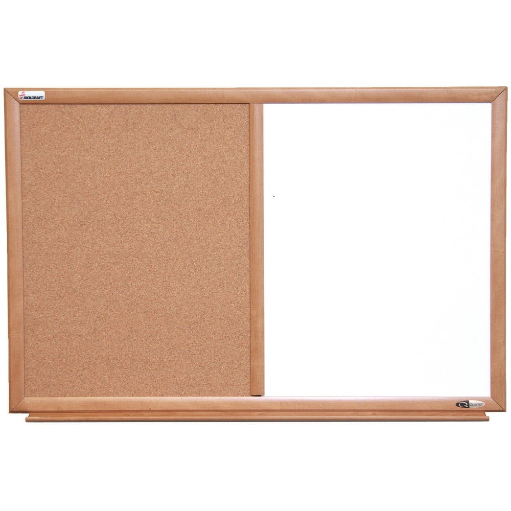 NSN5680401 - Dual-surface combination board offers the versatility of a dry-erase melamine and natural cork surface. The smooth, erasable writing surface is paired with a natural, self-healing cork bulletin board surface for a range of message options. Durable frame has an oak finish. Backing is sealed to reduce moisture absorption and resist warping. Hang board vertically or horizontally. Use the included detached marker tray in the horizontal position. Board also includes one black dry-erase marker and mounting hardware.