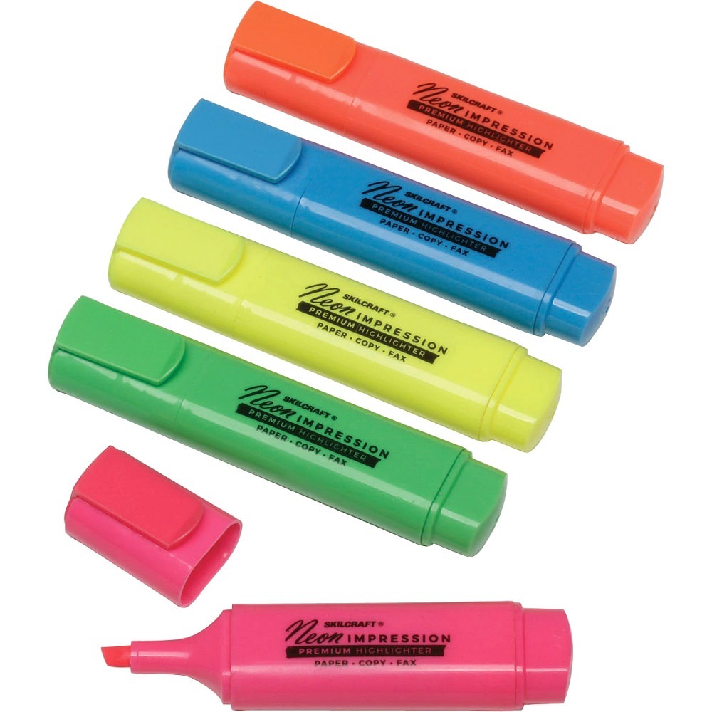 NSN2381728 - Bright fluorescent flat highlighters are great for accenting printed words and lines of text on originals, copies and faxes. The durable chisel point allows broad, medium or thin highlighting and underlining. Flat barrel design keeps highlighter from rolling. Cap features a handy pocket clip and snaps securely to ensure airtight seal. Highlighters offer fade-resistant, water-resistant, long-lasting, nontoxic ink. Durable, nonroll design is perfect for use on desk or slanted surface. Colors include yellow, pink, green and orange.