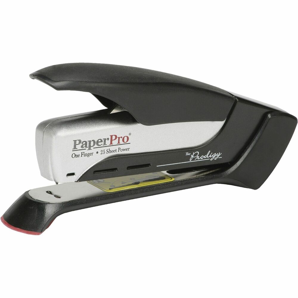NSN5668647 - Spring-powered desktop stapler allows you to drive a staple through 25 sheets with the press of one finger. Unique design allows horizontal or vertical placement for a smaller footprint. Stapler offers die-cast metal body, ergonomic styling, rubberized nonslip handle and base, easy drop-in loading, jam-free operation, and a staples-remaining window. Jam-free stapler uses standard staples.   