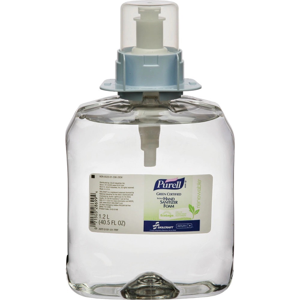 NSN5562834 - PURELL Foaming Hand Sanitizer kills 99.99 percent of most common germs that may cause illness and works in as little as 15 seconds. No water or towels needed. Thick, rich foam formula stays on your hands. Patent-pending formula is free of fluorinated chemicals and contains 62 percent ethyl alcohol. Foam hand sanitizer also contains moisturizers to help keep skin hydrated. Use 1200 ml. refill with the PURELL APX Aerosol Foam Dispenser.