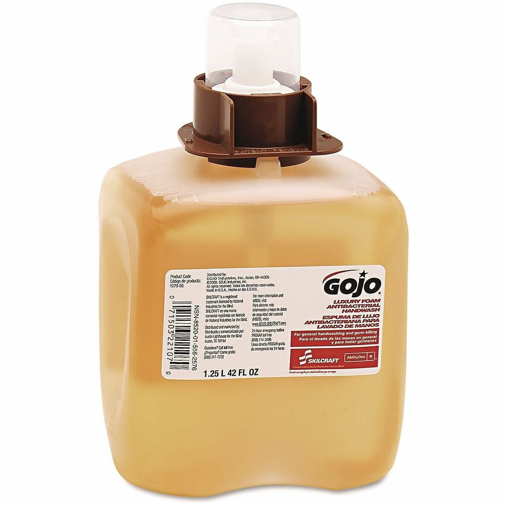 NSN5562576 - Antibacterial handwash refill is designed for use with GOJO FMX-12 dispensers. Gentle foam handwash with Vitamin E and Aloe creates a soft, luxurious lather with a fresh fruit fragrance. Formula kills germs on hands while providing a rich lather. Each refill delivers more than 1,700 handwashes.