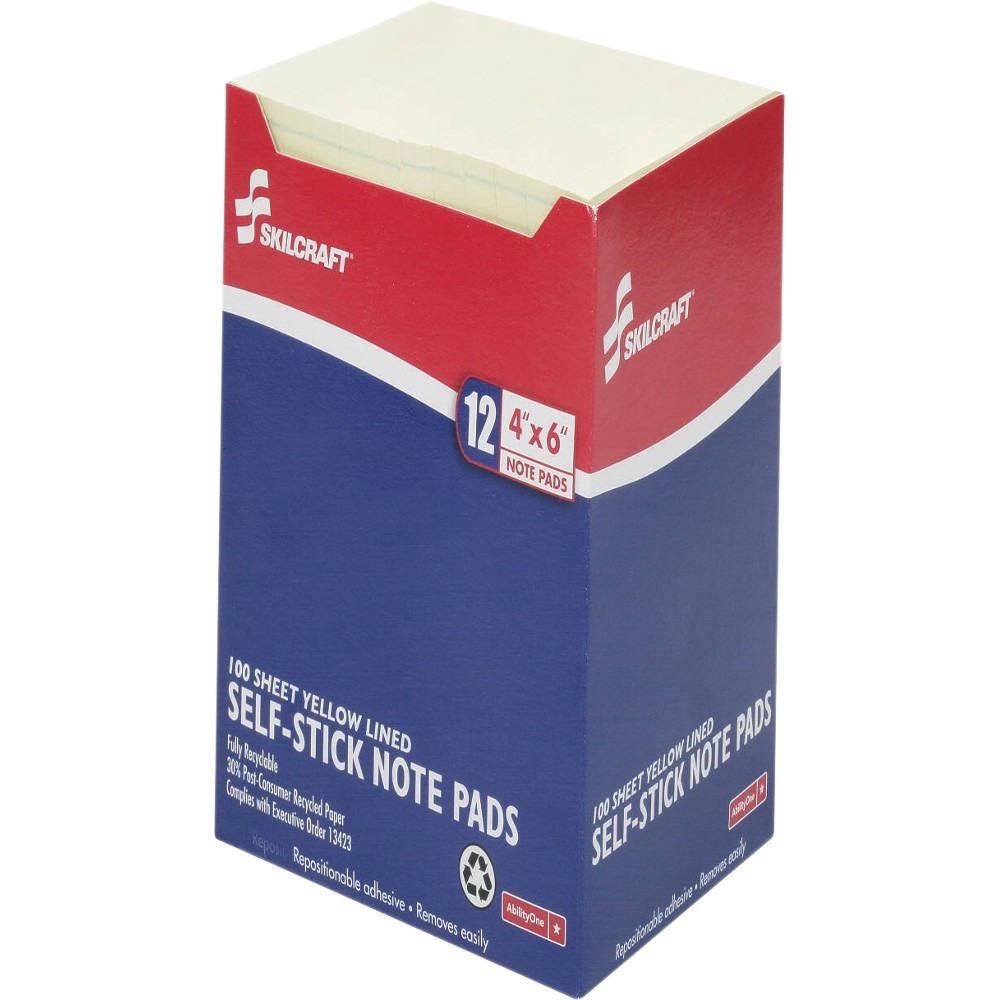 NSN2733755 - Made using quality 3M materials, self-stick notes stick securely and are repositionable. Hi-Visibility Yellow helps your message stand out. These notepads come in a convenient cabinet pack so your office supply cabinet stays neat and organized. Each pad includes 100 sheets. Self-stick notes are recyclable and made with at least a minimum of 30 percent post-consumer recycled materials. They are produced by Americans who are blind. Purchasing this AbilityOne mandatory source product ensures your compliance with federal procurement regulations.