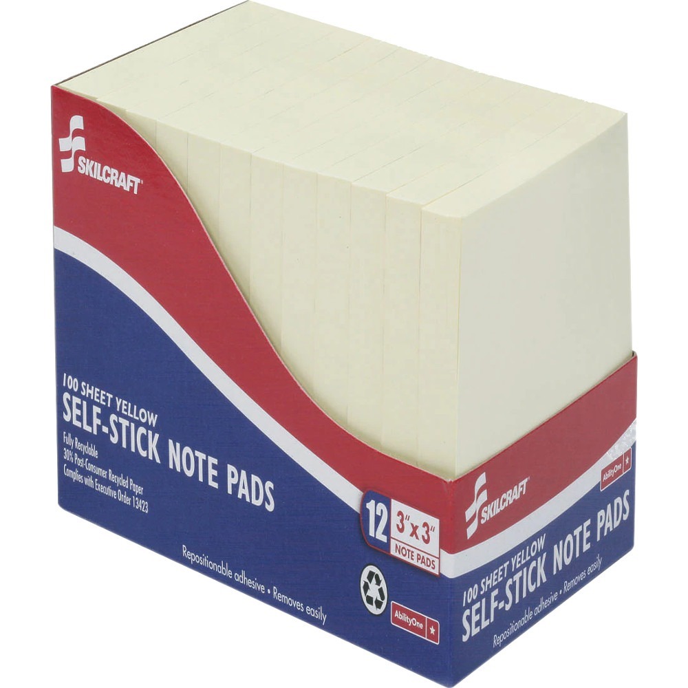 NSN1167867 - Made using quality 3M materials, self-stick notes stick securely and are repositionable. Hi-Visibility Yellow helps your message stand out. These notepads come in a convenient cabinet pack so your office supply cabinet stays neat and organized. Each pad includes 100 sheets. Self-stick notes are recyclable and made with at least a minimum of 30 percent post-consumer recycled materials. They are produced by Americans who are blind. Purchasing this AbilityOne mandatory source product ensures your compliance with federal procurement regulations.