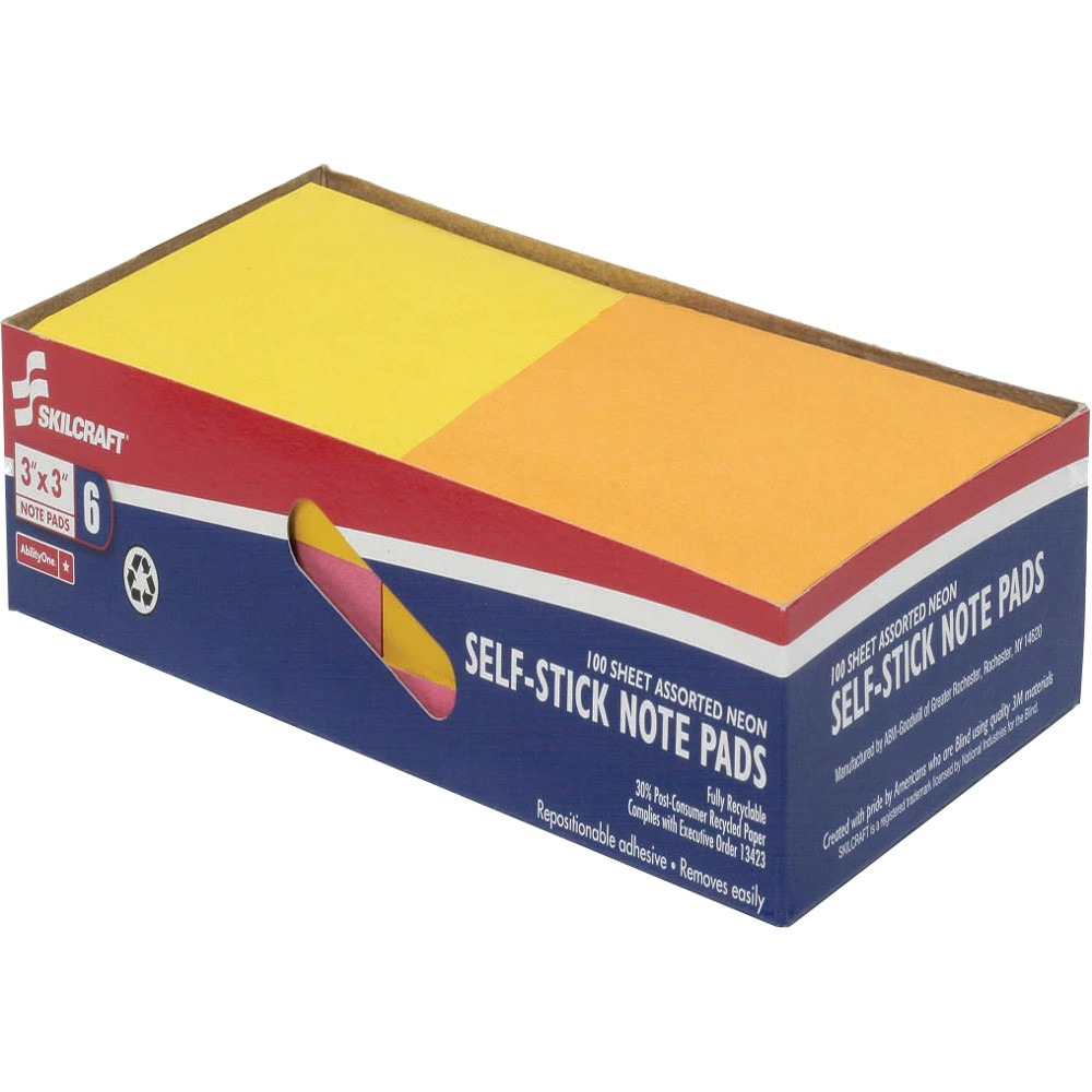 NSN4181281 - Made using quality 3M materials, self-stick notes stick securely and are repositionable. Hi-Visibility Assorted Neon helps your message stand out. These notepads come in a convenient cabinet pack so your office supply cabinet stays neat and organized. Each pad includes 100 sheets. Self-stick notes are recyclable and made with at least a minimum of 30 percent post-consumer recycled materials. They are produced by Americans who are blind. Purchasing this AbilityOne mandatory source product ensures your compliance with federal procurement regulations.