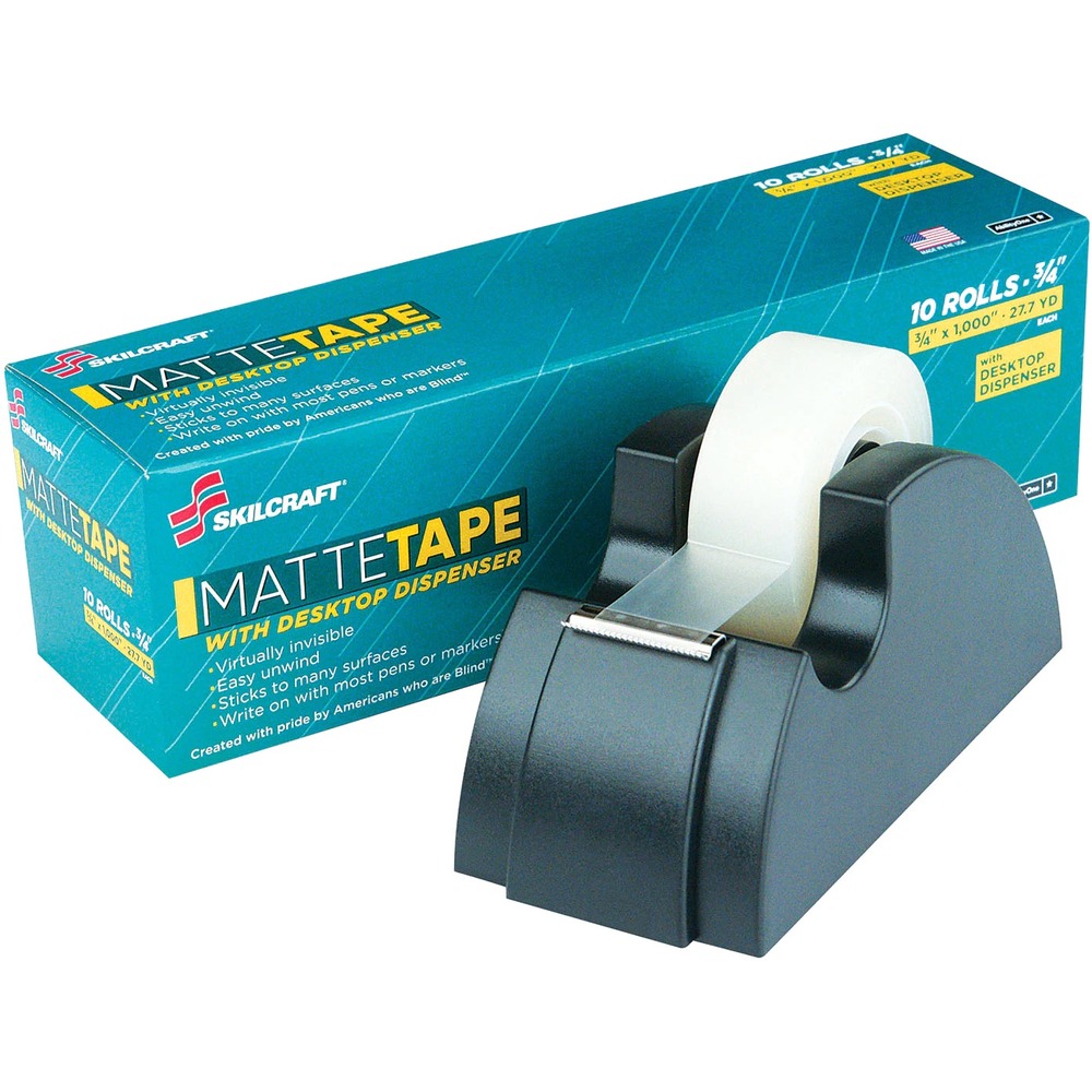 NSN5806224 - Office tape comes with a weighted desktop dispenser. Weighted design allows one-handed operation. Tape sticks well to many surfaces and easily pulls off the roll. Matte finish tape is virtually invisible when applied, making it ideal for copies. This photo-safe tape resists drying, yellowing, splitting, tearing and is the ideal tape for permanent paper mending and repairs.