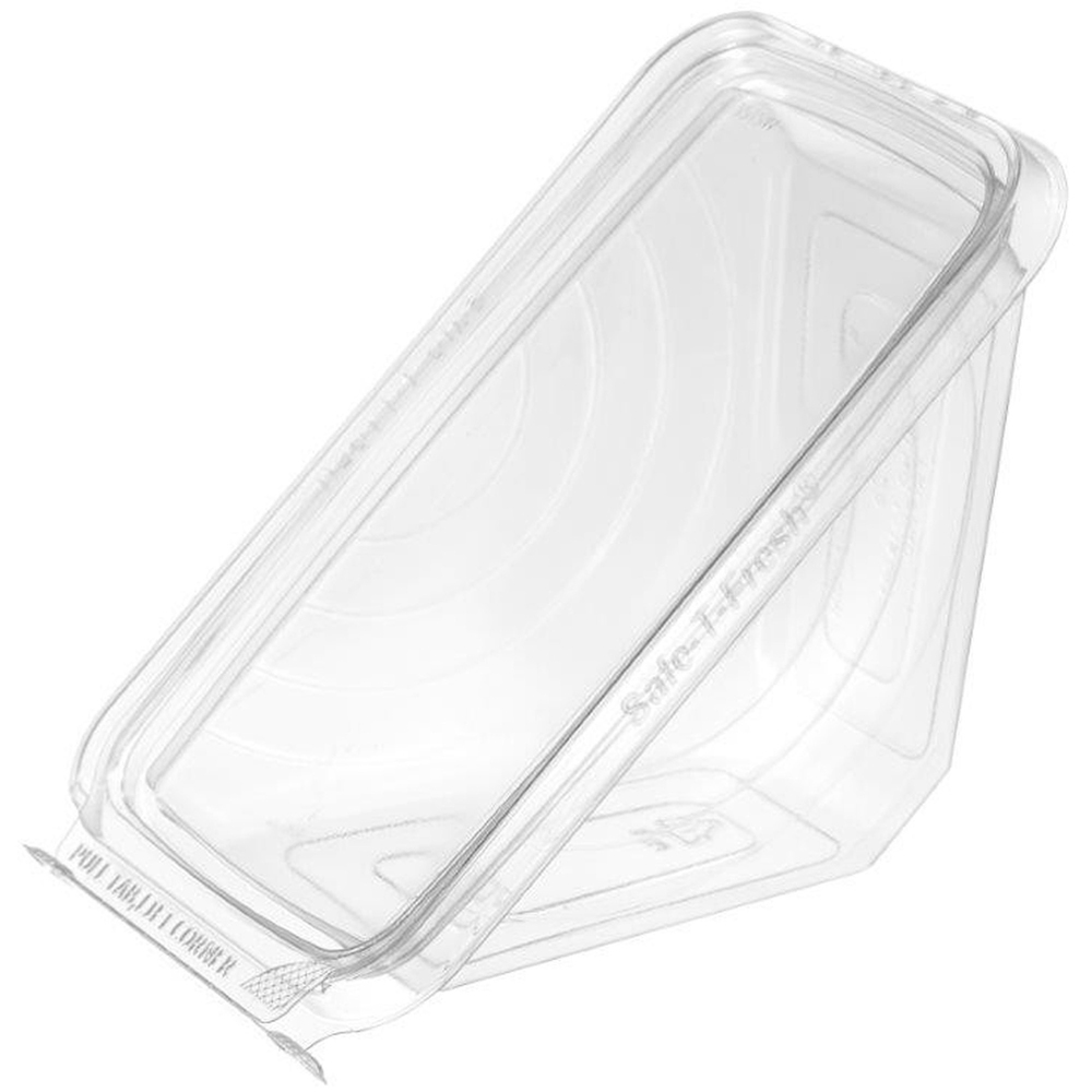 EGS357276 - Part of the Safe-T-Fresh Rectangle collection, this Sandwich Wedge with hinged lid is made for more than sandwiches. This multiple container also works well for cake slices, deli creations and salads. Modern design and smooth walls showcase contents. Robust plastic construction is made to stack easily and create visually beautiful product displays. Wedge is both tamper-evident and tamper-resistant for product safety. Use in bakeries, convenient stores, foodservice and supermarkets.