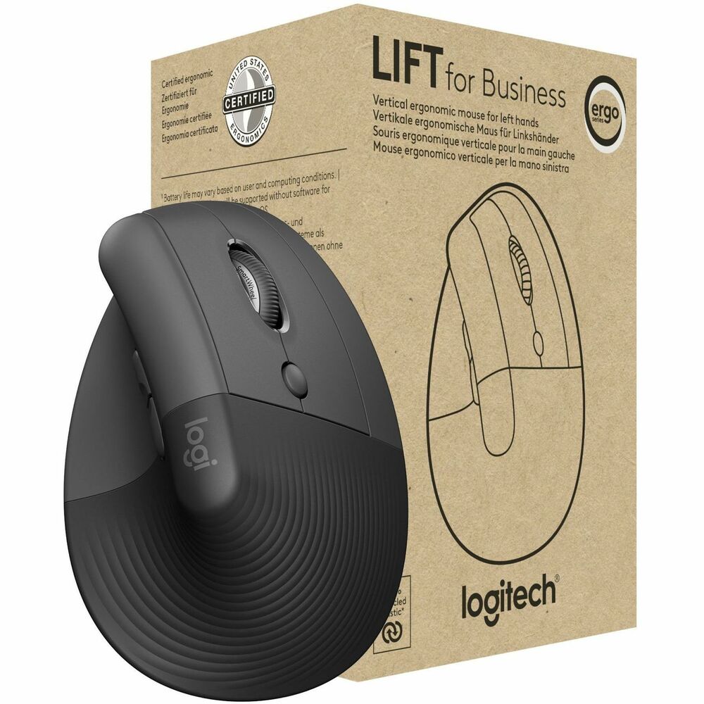 LOG910006491 - The Lift Vertical Ergonomic Mouse for Business is built for all-day comfort and increased productivity. Designed by leading ergonomists, it improves posture, reduces forearm muscle fatigue, and alleviates wrist pressure, by keeping hands at an ideal 57° angle. It also features a 4000 DPI high-precision sensor, resulting in 4x less hand movement. Get both precision and speed scrolling modes to optimize line-by-line editing and flying through multi-page documents with control. Switch scroll modes with just a flick of the ingenious Smartwheel. Can be paired with three devices-including tablets-and change quickly with the Easy-Switch button. Lift for Business also conquers IT security challenges for remote or office work. Fully encrypted and featuring Secure Connections Only Mode-Bluetooth Low Energy Security Mode 1, Level 4 protection, it delivers a reliable and secure connection even in congested wireless environments. Easy to deploy and manage, it won't cause problems for your IT help desk either. The Lift Vertical Ergonomic Mouse for Business is available in both left- and right-hand models. More from the Manufacturer