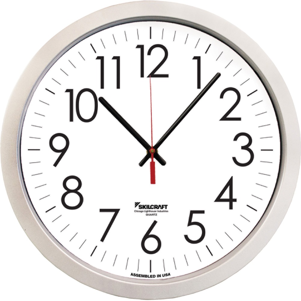 NSN6986555 - Silver Contemporary Wall Clock clearly displays dependable time with battery-operated, Quartz movement and UV coating on the shatter-resistant, clear lens to prevent fading. Design features black Arabic numerals, minute marks, hour and minute hands as well as a red second hand. They are accurate to within 2 minutes per year. TAA-compliant wall clock has a 14.5" diameter and silver case with white face. High-impact plastic frame and body are made with 30 percent post-consumer recycled content. Clock uses one AA battery (not included).