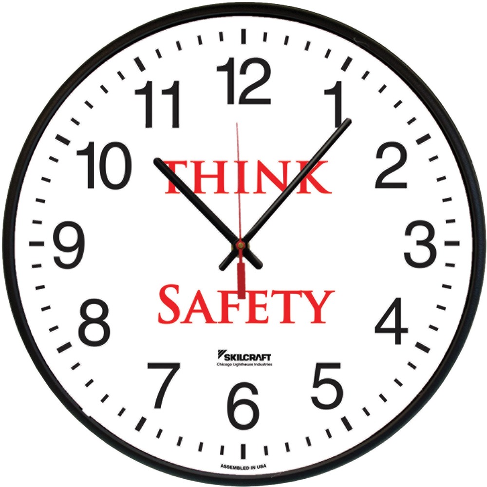 NSN6986558 - Remind employees of important work habits with this battery-operated, Think Safety Message Wall Clock. Face includes bold, red message, "Think Safety," on the white background that also displays easy-to-read, black Arabic numbers, minute marks and hands, and a sweeping, red second hand. Quartz movement is accurate to within 2 minutes per year. The 12.75" diameter wall clock also features a black case, non-yellowing dial and clear, UV protective plastic lens that is shatter-resistant. Frame and body are made with 30 percent post-consumer recycled content TAA-compliant clock offers easy, secure mounting. It runs on one AA battery (not included).