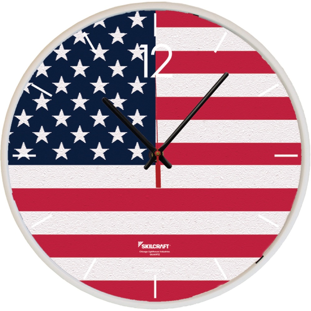 NSN6986559 - Keep track of time the patriotic way with this battery-operated, American Flag Wall Clock. Dial includes an American flag printed on the white background that also displays easy-to-read, black Arabic numbers, minute marks and hands, and a sweeping, red second hand. Quartz movement is accurate to within 2 minutes per year. The 12.75" diameter wall clock also features a white case, non-yellowing dial and clear, UV protective plastic lens that is shatter-resistant. TAA-compliant clock includes hanging hardware. It runs on one AA battery (not included).