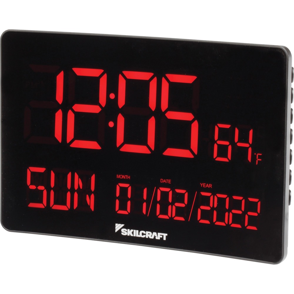 NSN6988078 - LED Self-set Digital Clock automatically adjusts for Daylight Saving Time so the display is correct from the moment the clock is plugged in, even in buildings that can't receive radio-controlled atomic signals. Easy-to-read, energy-efficient LED screen features bright red, 2.44" high digits for enhanced contrast. LED display also includes calendar, indoor temperature and 12/24 hour. Mount to your wall or place on a flat surface. TAA-compliant clock is equipped with a 5.6' power cord and battery backup capabilities. It requires one CR2032 button cell battery (included).