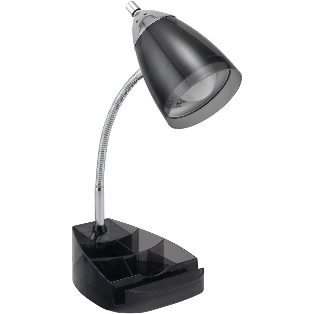 VLUSVCA2148104B - Maintain organization in style with this translucent, black desk lamp with chrome accents. The shade provides reliable protection against dings, dents and other damage while the flexible arm makes it easy to direct light as necessary. Organizing supplies is simple with the built-in base compartments. This V-Light Organizer Desk Lamp boasts a front slot for holding a tablet or phone. Two AC outlets on the back provide power to small devices. Use the on/off switch located on the top of the shade. Desk lamp uses one Type-A 10-watt LED bulb (included).