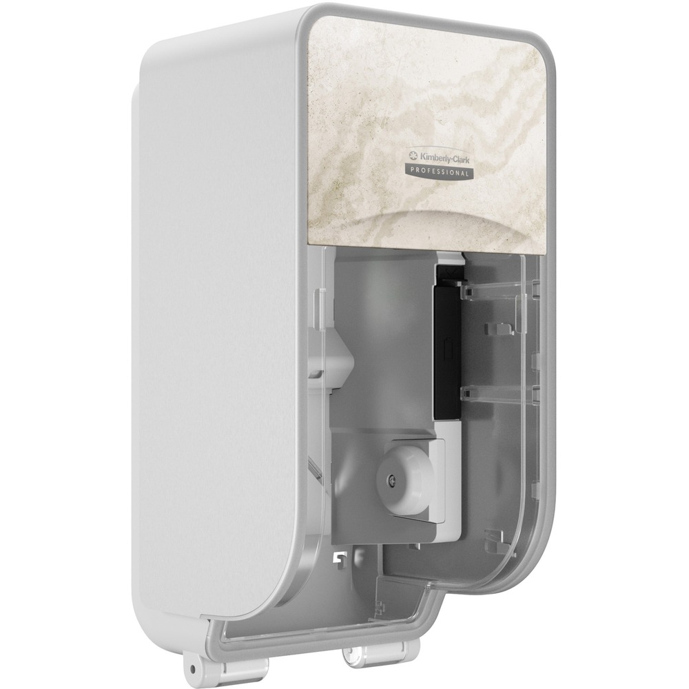KCC58741 - Part of a system with industry-leading innovation, the ICON Coreless Standard Two-Roll Vertical Toilet Paper Dispenser effortlessly enhances the look of the restroom with an exclusive, designer faceplate. to help reimagine the restroom. Included faceplate is interchangeable with other design options. This twin-roll dispenser provides a reliable balance of efficiency, performance and value. It is specifically made for coreless toilet paper and holds two high-capacity rolls. By using coreless toilet paper rolls, you'll have less waste (up to 47 percent less packaging waste vs. standard roll tissue) and you can get up to 15 percent more paper per case (comparing coreless to like cored products). Dispenser meets the ADA Standards for Accessible Design when properly installed. Refilling is easy for your maintenance staff with a choice of keyed or keyless lock. Design complements ICON paper towel and skin-care dispensers in the collection. More from the Manufacturer