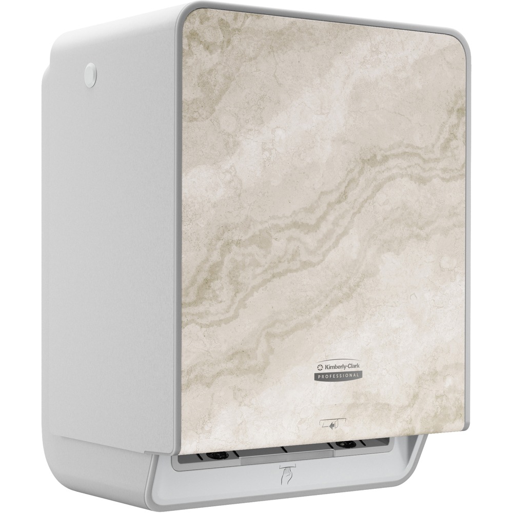 KCC58740 - Part of a system with industry-leading innovation, the ICON Automatic Roll Towel Dispenser effortlessly enhances the look of the restroom with an exclusive, designer faceplate to help reimagine the restroom. Included faceplate is interchangeable with other designer options. Inspired by human-centered design, the ICON dispenser features intuitive control panel, front-loading battery bay and dampened hinge technology. Using direct-drive technology, the ICON dispenser uses a patented, dual sensor that delivers worry-free, touchless, 99.99 percent jam-free dispensing for hard roll paper towels and is compatible with your choice of Kleenex or Scott roll towels. It is engineered to help minimize the risk of spreading germs from every touchpoint. Design complements ICON toilet paper and skin-care dispensers in the collection. More from the Manufacturer