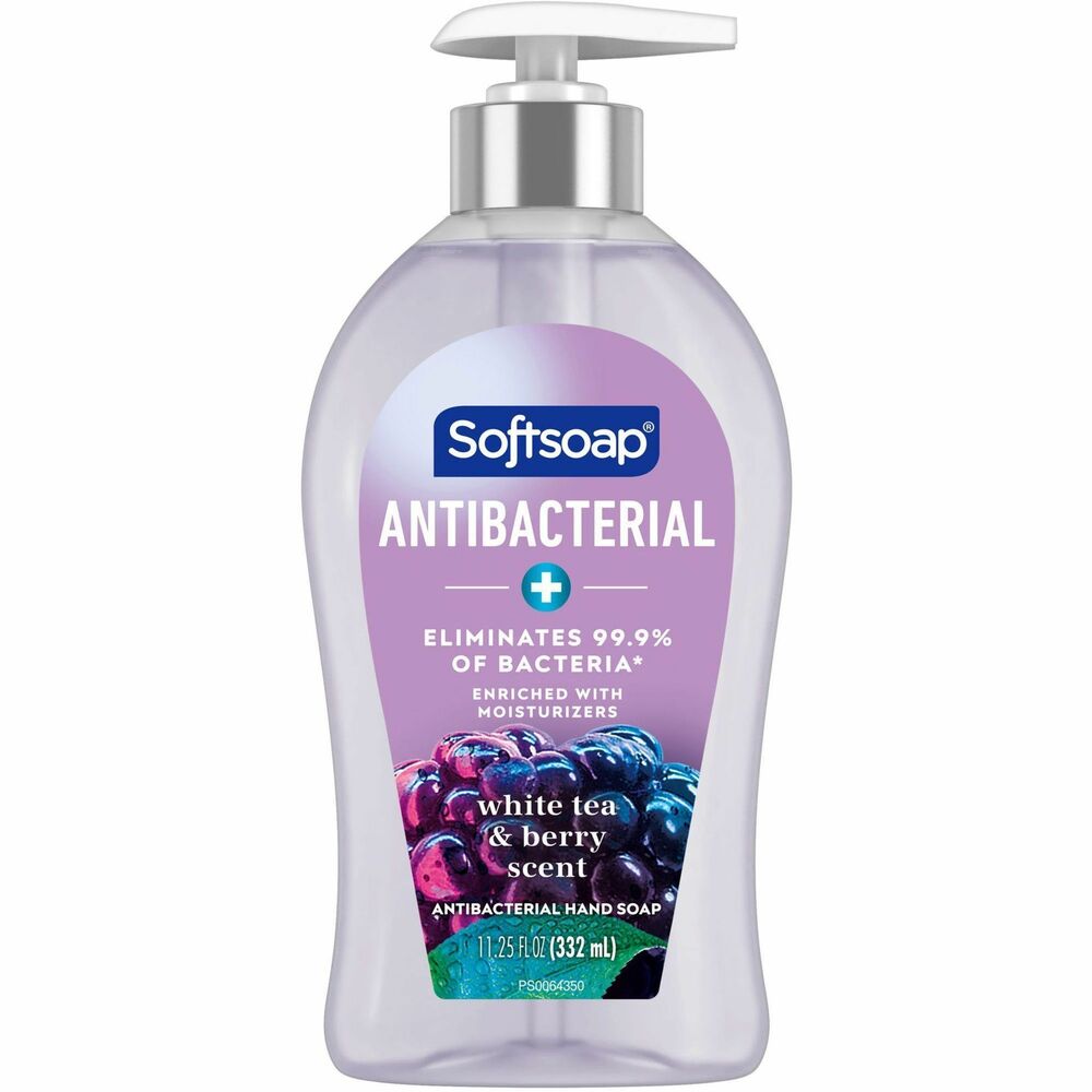 CPCUS03574A - Keep your hands soft and protected with Softsoap Antibacterial Liquid Hand Soap. Liquid hand soap features an antibacterial formula that's clinically proven to eliminate 99.9 percent of bacteria (in a handwashing test vs. the following common harmful bacteria: s. Aureus and E. coli). White Tea and Berry Fusion scent leaves behind a subtle scent of fresh tea and a medley of berries. Light moisturizers help keep your skin feeling smooth and soft through daily use. Dermatologist-tested formula gently washes away dirt and bacteria without leaving your hands feeling dry.