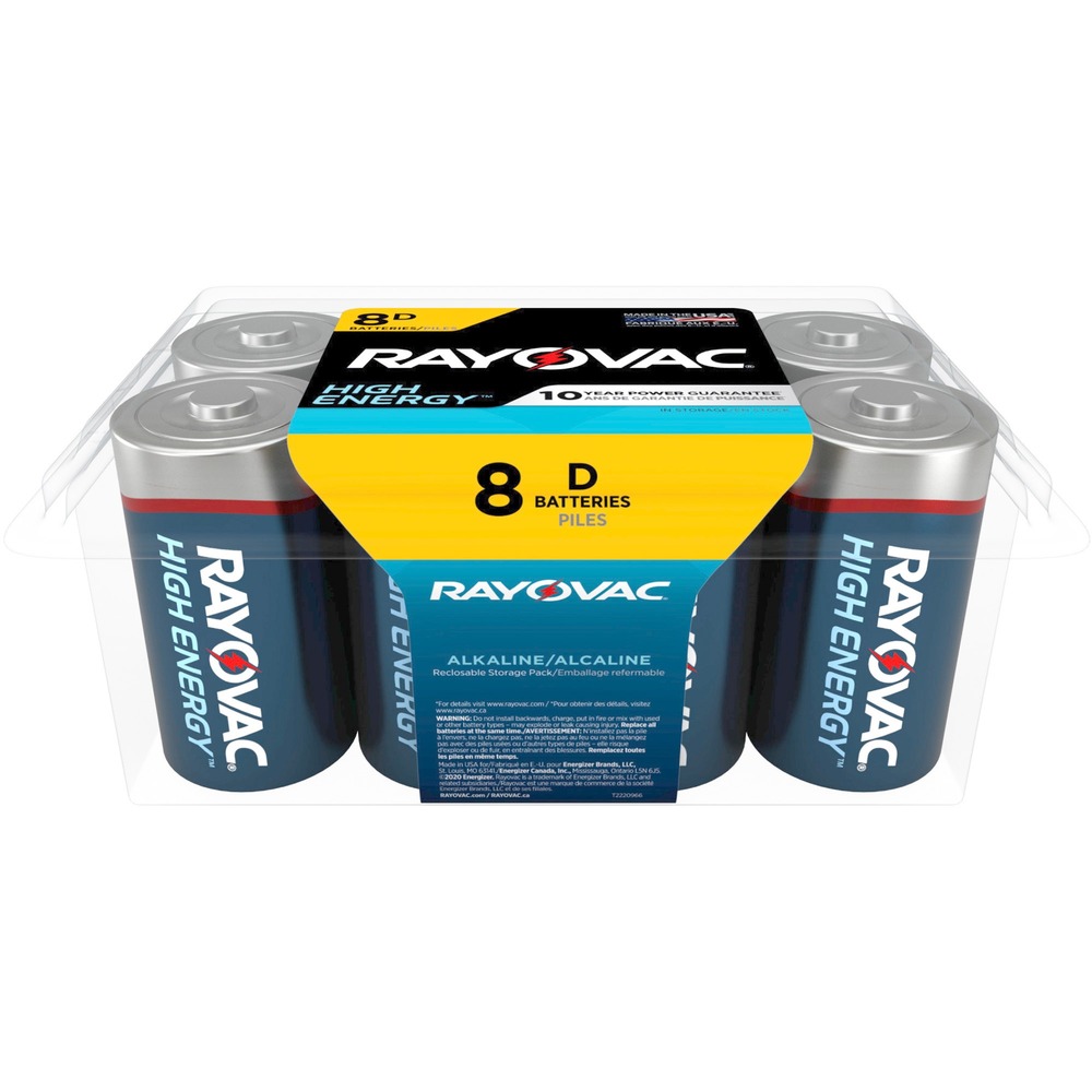 RAY8138PP - High-Energy Alkaline D Batteries provide premium performance and are ideal for your medium-drain devices, including battery-operated toys, flashlights and LED flashlights. They are suited to low-drain devices when changing batteries is difficult or inconvenient. High-quality materials ensure dependable, long-lasting power for portable electronics. Mercury-free manufacturing helps minimize their environmental footprint. With Ready Power technology, batteries stay fresh up to 10 years in storage. This technology helps control the internal stability of the battery with improved electrolyte utilization, refined corrosion inhibitors and ultra-pure materials for long-term stability. The battery closure offers a tight seal for maximum reliability.
