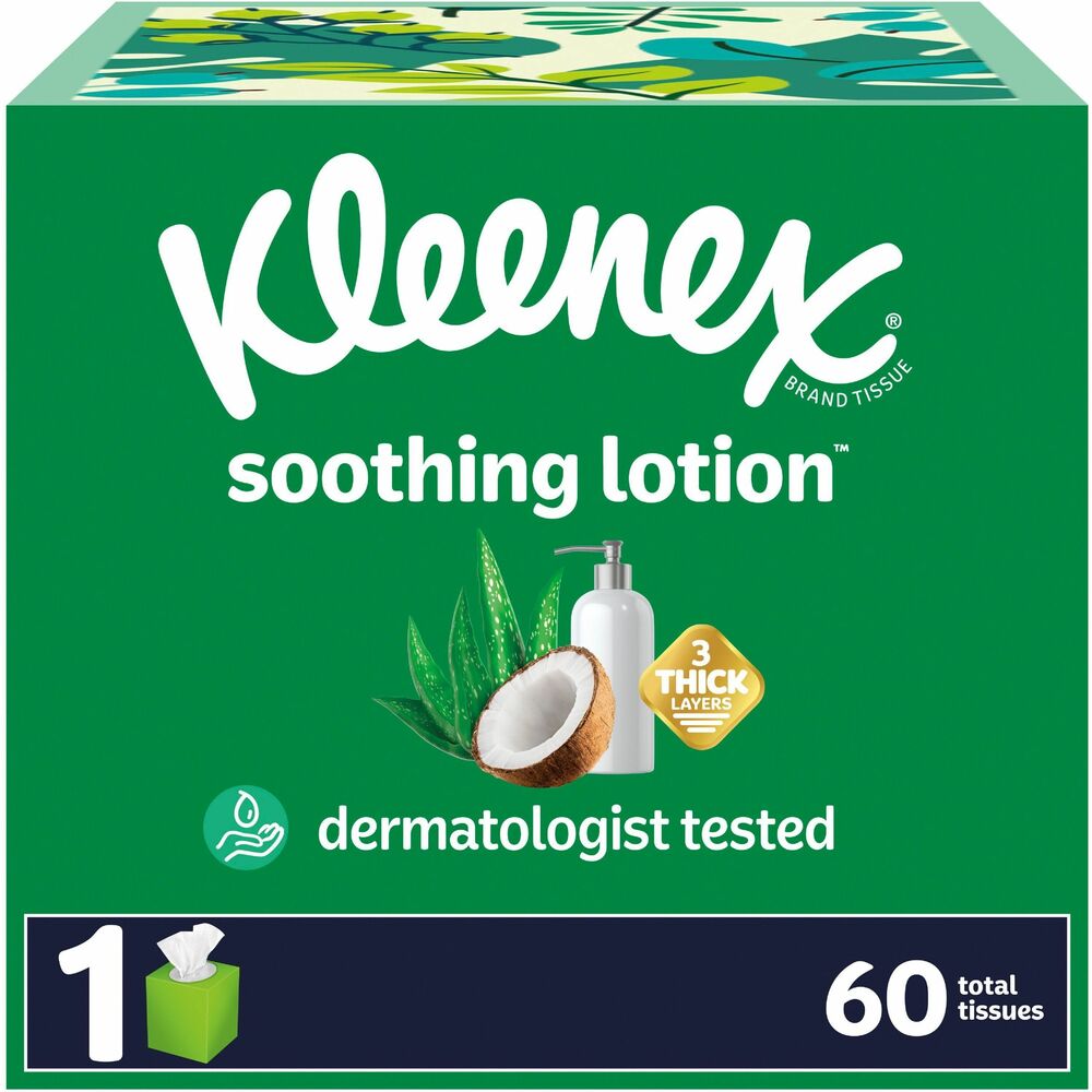 KCC54271 - Kleenex Soothing Lotion Facial Tissues are infused with the ingredients of coconut oil, aloe and Vitamin E to nourish skin with daily moisturizers and help prevent redness. Three-layer tissues are dermatologist-tested and clinically proven to be the softest lotion tissue (among national brands). Tissue boxes feature a variety of colors and designs that complement your home, office or business decor. Design may vary from the image shown.