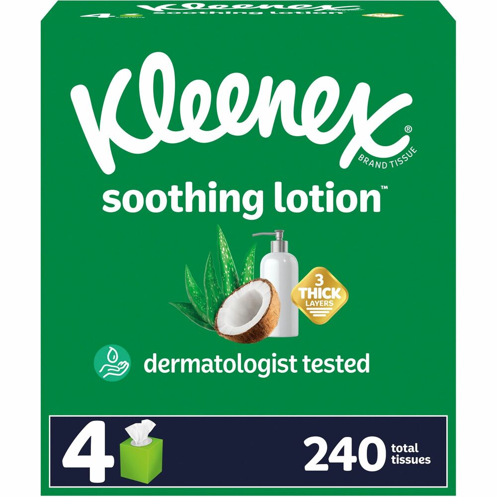 KCC54289CT - Kleenex Soothing Lotion Facial Tissues are infused with the ingredients of coconut oil, aloe and Vitamin E to nourish skin with daily moisturizers and help prevent redness. Three-layer tissues are dermatologist-tested and clinically proven to be the softest lotion tissue (among national brands). Tissue boxes feature a variety of colors and designs that complement your home, office or business decor. Design may vary from the image shown.