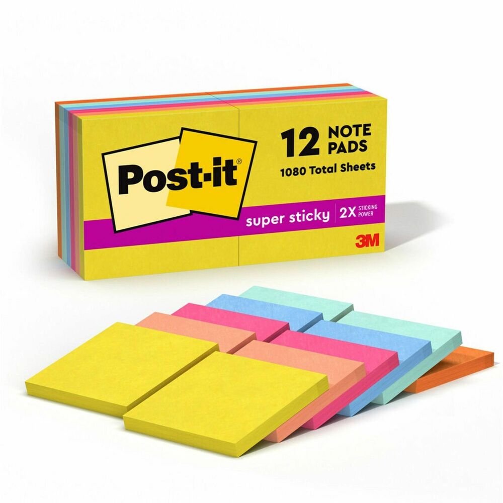 MMM65412SSJOY - Post-it Super Sticky Notes in 3" x 3" feature 2x the sticking power. Use for notes or reminders on doors, windows or walls. Unique adhesive reliably sticks and re-sticks so your message can stay front and center. Move your notes with you throughout the day. The Summer Joy collection sets the tone for warm weather memories all year long. Colors in the Summer Joy collection include Citron, Papaya Fizz, Power Pink, Washed Denim and Fresh Mint. Post-it Super Sticky Notes are recyclable. Paper in Post-it Super Sticky Notes is sourced from certified, renewable and responsibly managed forests. Each pad includes 90 sheets.