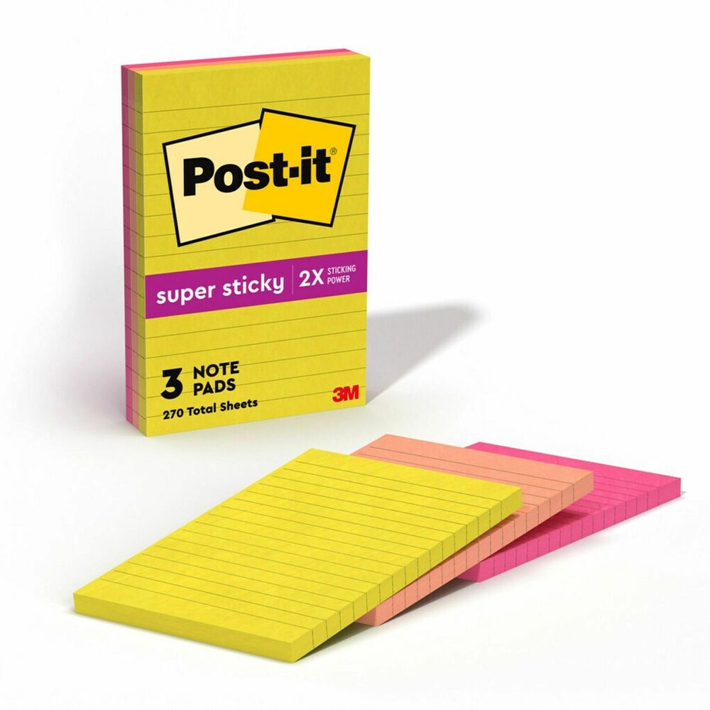 MMM6603SSJOY - Post-it Super Sticky Notes in 4" x 6" feature 2x the sticking power. Use for reminders or to-do lists on doors, windows or walls. Lined notes are great for to-do lists or long messages. Unique adhesive reliably sticks and re-sticks so your message can stay front and center. Move your notes with you throughout the day. The Summer Joy collection sets the tone for warm weather memories all year long. Fun colors Citron, Papaya Fizz and Power Pink will ensure your lists stand out. Post-it Super Sticky Notes are recyclable. Paper in Post-it Super Sticky Notes is sourced from certified, renewable and responsibly managed forests. Each pad include 90 sheets.