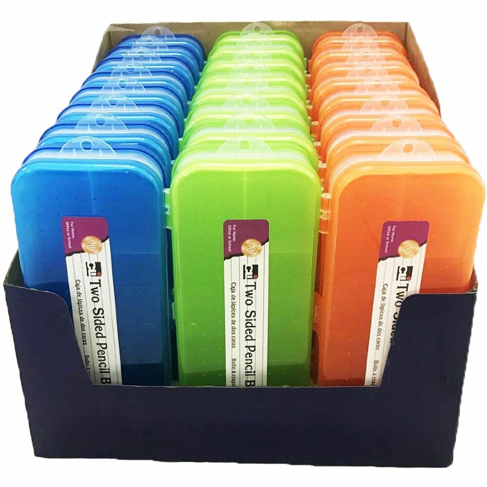 LEO76310ST - Carry and store essential school supplies in these Double-sided Pencil Boxes. Versatile storage options include multiple compartments of various sizes. The 1-1/2" storage space is divided into two 3/4" sections - one on top and one on the bottom. Each section has its own lid. Bottom section is one large compartment that measures 8-1/2" x 3-1/2" and can fit a single layer of pencils or pencils. Top section divides that space into one long compartment and three others to hold smaller items like erasers and paper clips. Stylish pencil boxes come in translucent assorted colors, letting you see the contents from any angle with ease. Pencil boxes come in a colorful, corrugated display box for easy identification and distribution.