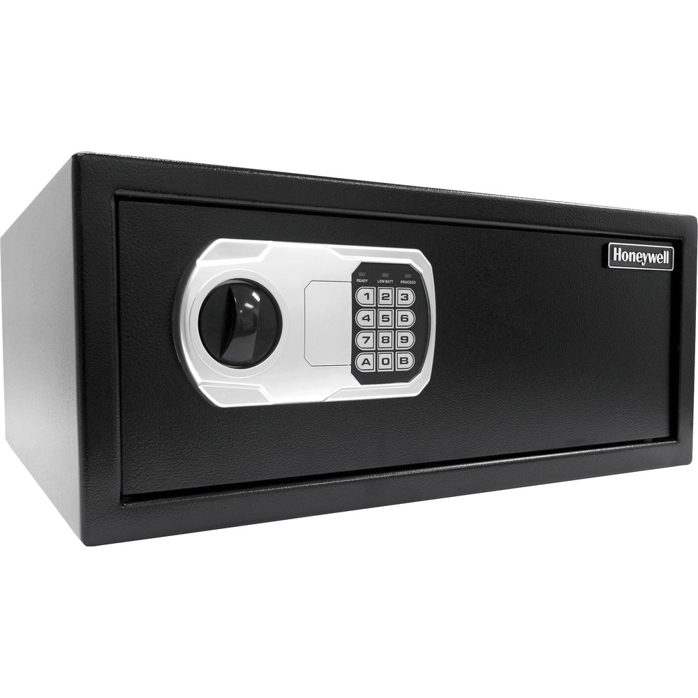 HYM5115 - This 5115 Low-Profile Security Safe features a 1.14 cubic feet interior storage capacity; programmable digital lock entry; two emergency keys; two solid steel, live-lock bolts; concealed hinges; recessed door; flat bottom entryway; and rear panel to prevent prying that gives you additional protection against theft. Safe can fit a 17" wide laptop. This safe has a scratch-resistant, powder-coated finish and predrilled mounting holes with all hardware and instructions included. Safe provides security for your valuables and essential documents for the peace of mind that comes from being prepared for unauthorized tampering or an invasion of your home or office. Internal dimensions are 19.4" x 14.3" x 7.1".